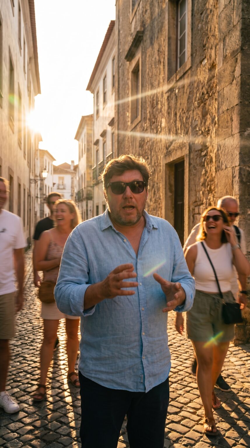 The storyteller of Tomar leading a tour in Tomar